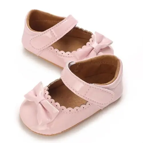 Clowora Infant Toddler Baby Girl Kiyim kechaklari Mary Jane Birinchi Yurish PU Charm malikasi To'y Kauchuk Taglik Sirpanmaydigan Kamon tugunli Gul tekis oyoq kiyimlari - 4