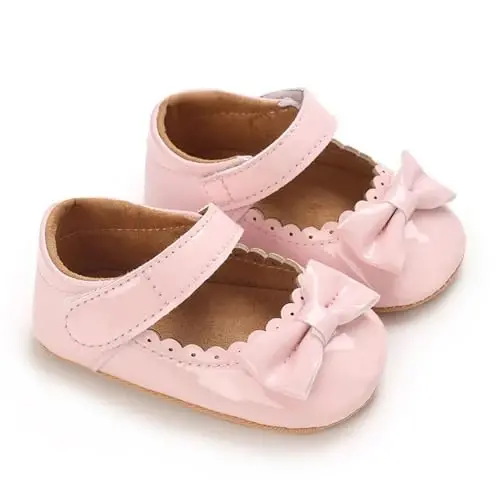 Clowora Infant Toddler Baby Girl Kiyim kechaklari Mary Jane Birinchi Yurish PU Charm malikasi To'y Kauchuk Taglik Sirpanmaydigan Kamon tugunli Gul tekis oyoq kiyimlari - 3