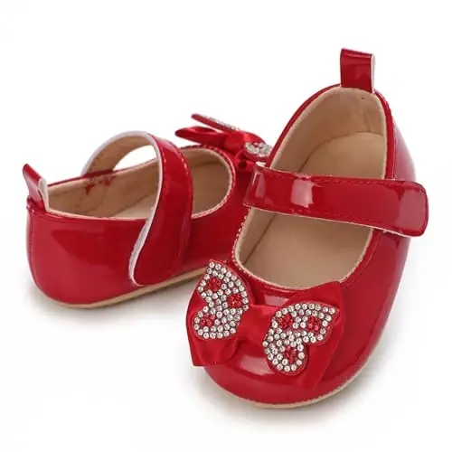 Clowora Infant Toddler Baby Girl Kiyim poyabzallari Mary Jane Birinchi yurish PU Teri Malika To'y Rezina Taglik Sirpanmaydigan Kamonli Gul Bosmali Baletkalar - 5