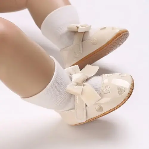 Clowora Infant Toddler Chaqaloq Qizaloq Ko'ylak Poyabzal Meri Jeyn Birinchi Yurish PU Charm Malika To'y Rezina Taglik Sirpanmaydigan Kamonli Gul Yassi oyoqli poyabzal - 3