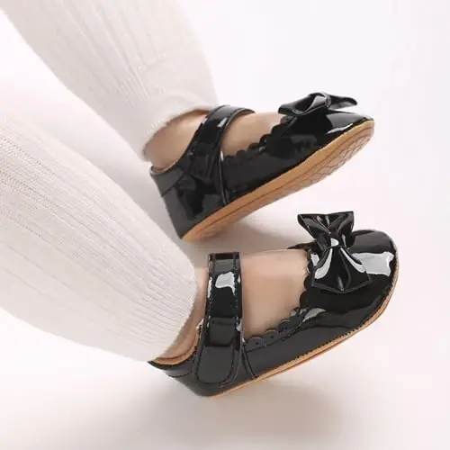 Clowora Infant Toddler Chaqaloq Qizaloq Ko'ylak Poyafzallari Mary Jane Birinchi Yurish PU Charm Malika To'yi Rezina Taglik Sirpanmaydigan Kamonli Gul Bosma Oyoq Kiyimlar - 3