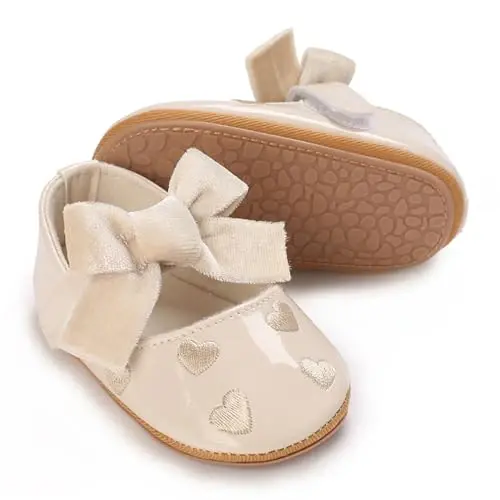 Clowora Infant Toddler Chaqaloq Qizaloq Oyoq Kiyimlari Mary Jane Birinchi Yurish PU Charm Malika To'y Rezina Taglik Sirpanmaydigan Kamonli Gul Yassi Oyoq Kiyimlari - CLOWORA