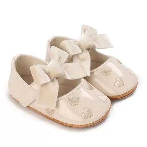 Clowora Infant Toddler Chaqaloq Qizaloq Oyoq Kiyimlari Mary Jane Birinchi Yurish PU Charm Malika To'y Rezina Taglik Sirpanmaydigan Kamonli Gul Yassi Oyoq Kiyimlari - CLOWORA (1)