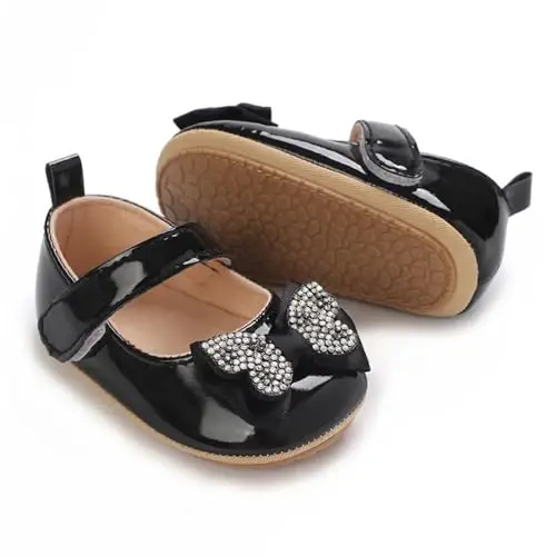 Clowora Infant Toddler Chaqaloq Qizaloq Poyafzallari Mary Jane Birinchi Yurish PU Charm Malika To'y Kauchuk Taglik Sirpanmaydigan Kamonli Gul Bosma Baletkalar 