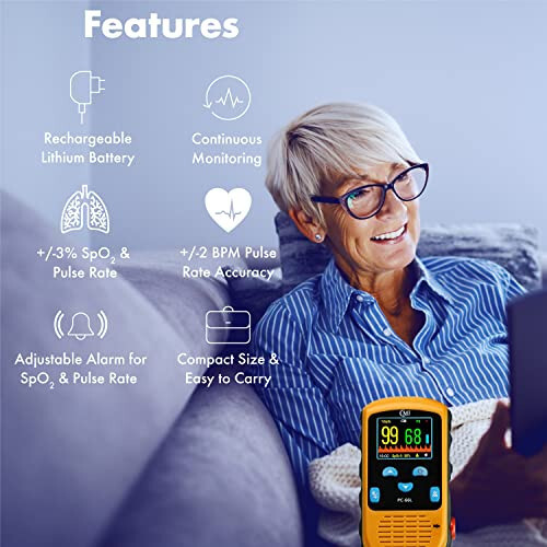 CMI Health Rechargeable Pulse Oximeter - Adult Finger Sensor for Continuous Monitoring & Spot-Checking - Adjustable Alarm for Pulse Rate and SpO2 Levels - Carry Case, AC Adapter Included - 11