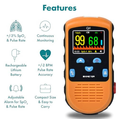 CMI Health Rechargeable Pulse Oximeter - Adult Finger Sensor for Continuous Monitoring & Spot-Checking - Adjustable Alarm for Pulse Rate and SpO2 Levels - Carry Case, AC Adapter Included - 4