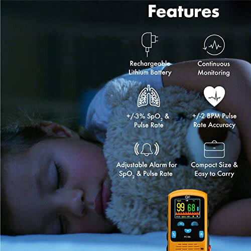 CMI Health Rechargeable Pulse Oximeter - Continuous Infant Monitoring (Up to 25 lbs) & Adult Finger Spot-Checking - Adjustable Alarm for Pulse Rate and SpO2 Levels - Carry Case - 10