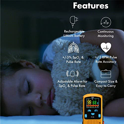 CMI Health Rechargeable Pulse Oximeter - Continuous Infant Monitoring (Up to 25 lbs) & Adult Finger Spot-Checking - Adjustable Alarm for Pulse Rate and SpO2 Levels - Carry Case - 10