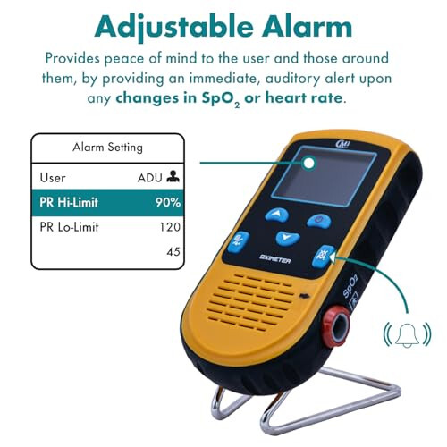 CMI Health Rechargeable Pulse Oximeter - Adult Finger Sensor for Continuous Monitoring & Spot-Checking - Adjustable Alarm for Pulse Rate and SpO2 Levels - Carry Case, AC Adapter Included - 5