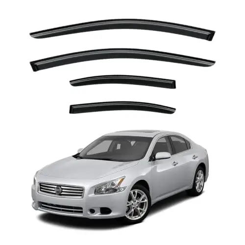 CMVT Auto Window Visor for 2009-2015 Nissan Maxima, Out-Channel Rain Guards Shields Vent Deflector Shade Wind Dark Smoke 2010 2011 2012 2013 2014, Tape-On Outside-Mount, 4PCS - 1