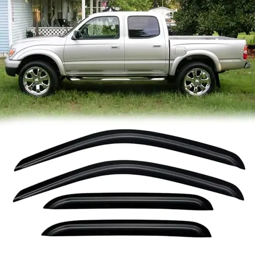 Rain Guards for 2001-2004 Toyota Tacoma Double/Crew Cab (4 Full-Size Door cab), Out-Channel Window Visor Shields Vent Deflector Shade Wind Dark Smoke 2002 2003 01 02 03 04, Outside-Mount, 4PCS - 1