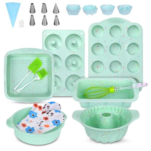 Cobeda Baking Pans Set, 23 PCS Silicone Bakeware Sets, Silicone Molds for Baking, Including Bread Pan, Donut Pan, Silicone Muffin Pan, Cake Pan and Silicone Cupcake Molds (Green) - 1