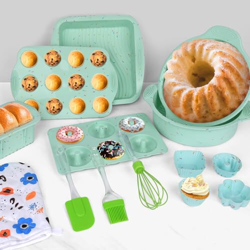 Cobeda Baking Pans Set, 23 PCS Silicone Bakeware Sets, Silicone Molds for Baking, Including Bread Pan, Donut Pan, Silicone Muffin Pan, Cake Pan and Silicone Cupcake Molds (Green) - 5