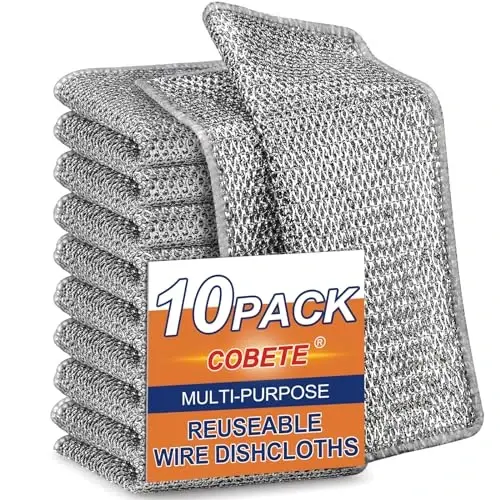 COBETE Non Scratch Wire Dishcloth,Double-Layer Wire Dishwashing Rags for Wet and Dry,Wire Miracle Cleaning Towels and Dish Cloths Multipurpose for Washing Dishes,Cookware, Sinks,Stove Tops,Pack of 10 - 1
