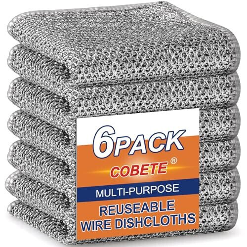 COBETE Non Scratch Wire Dishcloth,Double-Layer Wire Dishwashing Rags for Wet and Dry,Wire Miracle Cleaning Towels and Dish Cloths Multipurpose for Washing Dishes,Cookware, Sinks,Stove Tops,Pack of 6 - COBETE