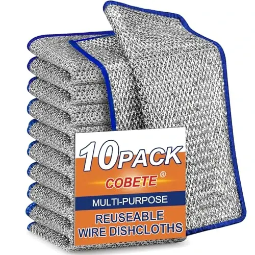 COBETE Non Scratch Wire Dishcloth,Double-Layer Wire Dishwashing Rags for Wet and Dry,Wire Miracle Cleaning Towels and dish Cloths Multipurpose For Washing Dishes,Cookware, Sinks,Stove Tops,10Pack Blue 