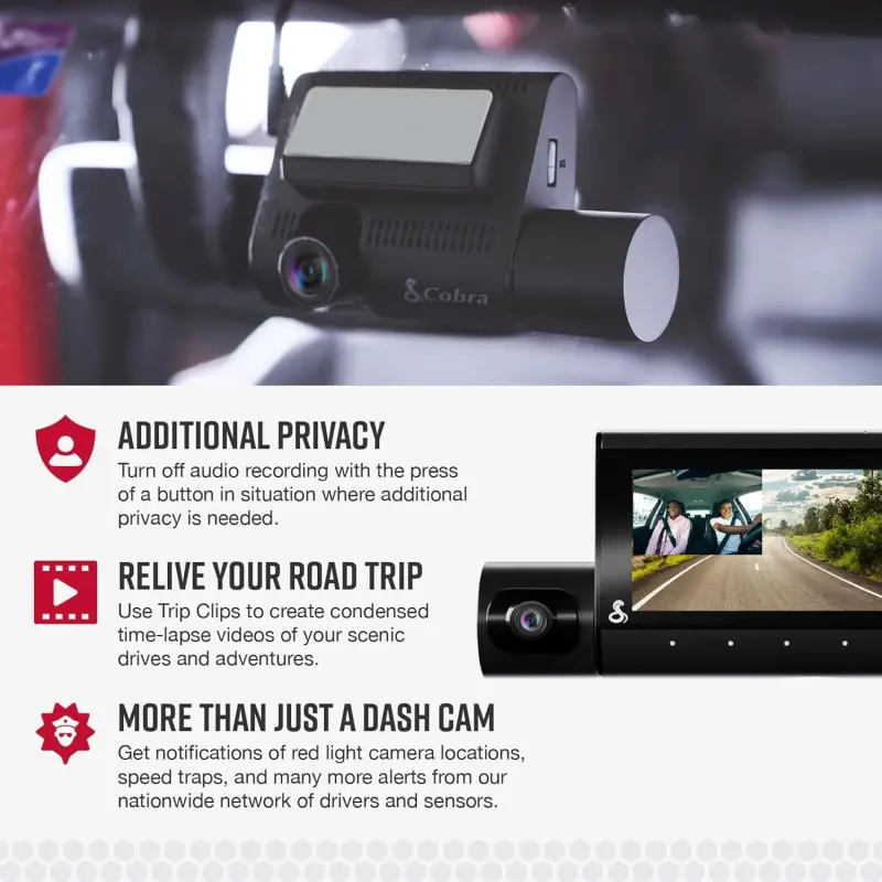 Cobra SC 220C Aqlli Ikkita Ko'rinishli Old va Kabinali Paneli Kamerasi - QHD 1440P, 360 Xabardor qilish, CarPlay va Android Auto - 2