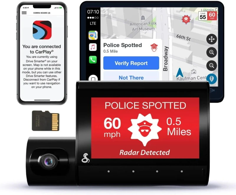 Cobra SC 220C Smart Dual View Front & Cabin Dash Cam - QHD 1440P, 360 Alerts, CarPlay & Android Auto - COBRA ELECTRONICS