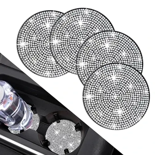 COCASES 4 Pack Bling Car Coasters, Car Cup Holder Coaster, Rhinestone Coaster for Cup Holders, Silicone Car Coasters for Women Car Interior Accessories (2.75'' White Crystal Circle) 