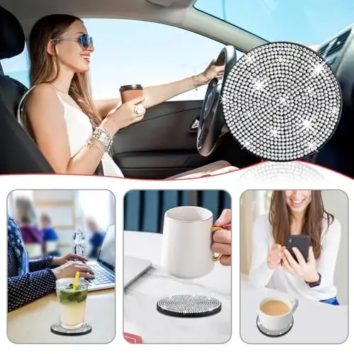 COCASES 4 Pack Bling Car Coasters, Car Cup Holder Coaster, Rhinestone Coaster for Cup Holders, Silicone Car Coasters for Women Car Interior Accessories (2.75'' White Crystal Circle) - 5