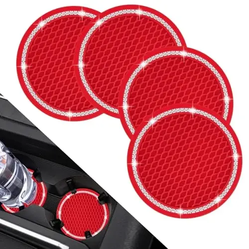 COCASES Car Coasters, 4 Pack Vehicle Bling Car Coaster, Universal Rhinestone Coaster for Cup Holders, Car Interior Accessories Silicone Car Coasters for Women(2.75'' Red, White Crystal Circle) - 1