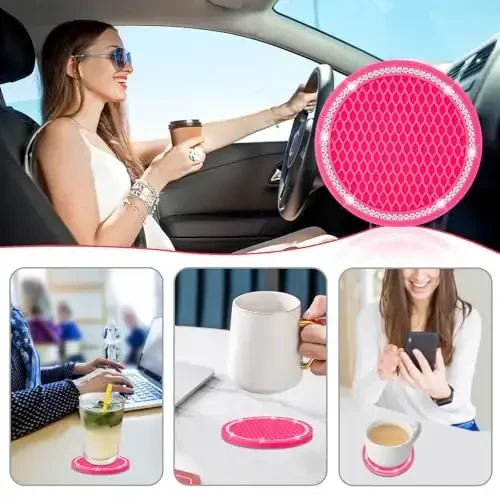 COCASES Car Coasters, 4 Pack Universal Vehicle Bling Car Coaster, Rhinestone Coaster for Cup Holders, Car Interior Accessories 2.75'' Silicone Car Coasters for Women(Hot Pink, White Crystal Circle) - 6
