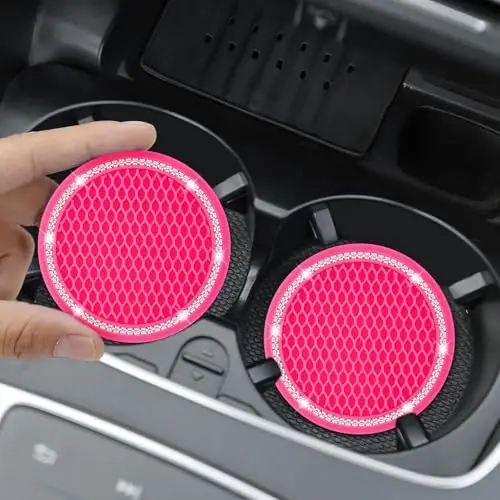 COCASES Car Coasters, 4 Pack Universal Vehicle Bling Car Coaster, Rhinestone Coaster for Cup Holders, Car Interior Accessories 2.75'' Silicone Car Coasters for Women(Hot Pink, White Crystal Circle) - 2