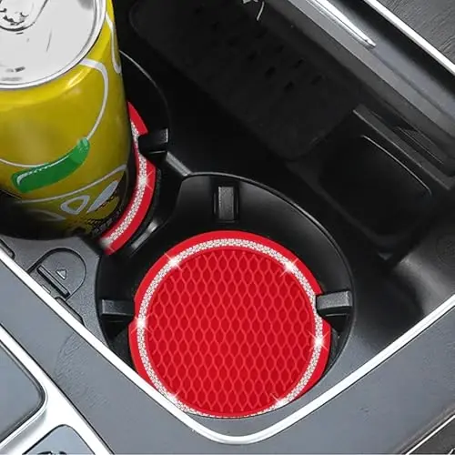 COCASES Avtomobil krujkalari, 4 dona Avtomobil Bling krujkasi, Stakan ushlagichlar uchun universal rinstone krujka, Ayollar uchun avtomobil ichki qismlari silikon avtomobil krujkalari (2,75 dyuymli qizil, oq kristalli doira) - 3