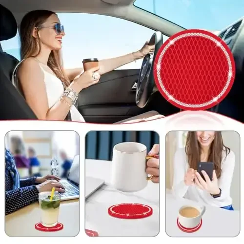 COCASES Avtomobil krujkalari, 4 dona Avtomobil Bling krujkasi, Stakan ushlagichlar uchun universal rinstone krujka, Ayollar uchun avtomobil ichki qismlari silikon avtomobil krujkalari (2,75 dyuymli qizil, oq kristalli doira) - 6