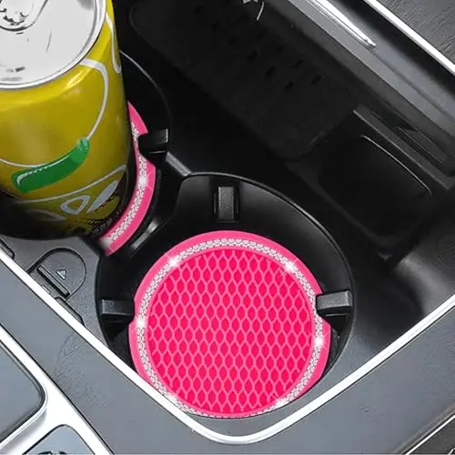 COCASES Avtomobil stakan ostiliklari, 4 dona Universal Avtomobil Bling Stakan ostiligi, Stakan ushlagichlari uchun Rhinestone ostilik, Avtomobil ichki qismlari uchun aksessuarlar 2.75'' Ayollar uchun silikon avtomobil ostiliklari (To'q pushti, Oq kristall doira) - 3