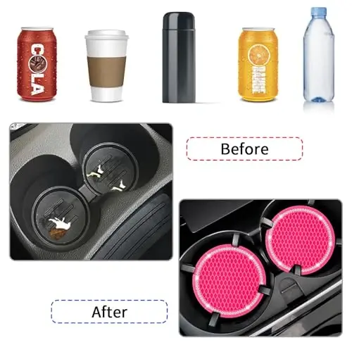 COCASES Avtomobil stakan ostiliklari, 4 dona Universal Avtomobil Bling Stakan ostiligi, Stakan ushlagichlari uchun Rhinestone ostilik, Avtomobil ichki qismlari uchun aksessuarlar 2.75'' Ayollar uchun silikon avtomobil ostiliklari (To'q pushti, Oq kristall doira) - 4