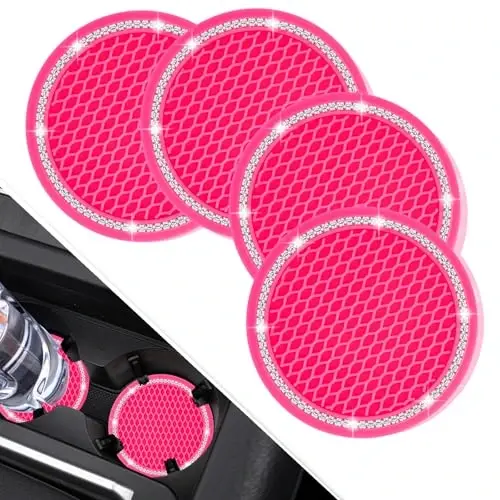 COCASES Car Coasters, 4 Pack Universal Vehicle Bling Car Coaster, Rhinestone Coaster for Cup Holders, Car Interior Accessories 2.75'' Silicone Car Coasters for Women(Hot Pink, White Crystal Circle) 