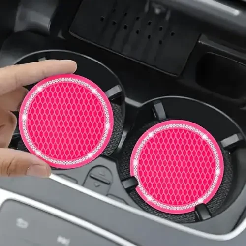 COCASES Car Coasters, 4 Pack Universal Vehicle Bling Car Coaster, Rhinestone Coaster for Cup Holders, Car Interior Accessories 2.75'' Silicone Car Coasters for Women(Hot Pink, White Crystal Circle) - 2