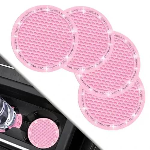 COCASES Car Coasters, 4 Pack Universal Vehicle Bling Car Coaster, Rhinestone Coaster for Cup Holders, Car Interior Accessories 2.75'' Silicone Car Coasters for Women(Pink, Pink Crystal Circle) 