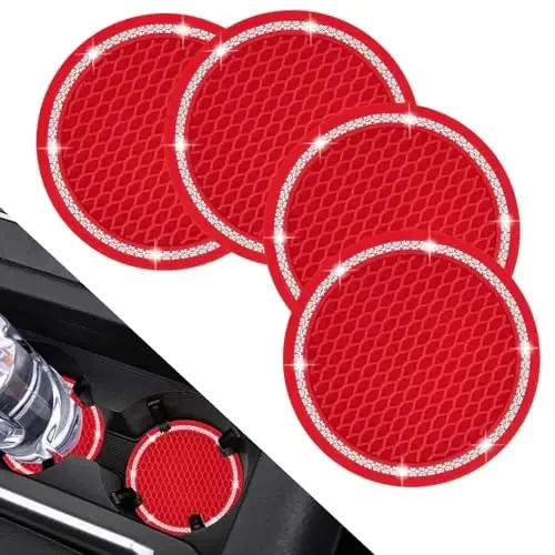 COCASES Car Coasters, 4 Pack Vehicle Bling Car Coaster, Universal Rhinestone Coaster for Cup Holders, Car Interior Accessories Silicone Car Coasters for Women(2.75'' Red, White Crystal Circle) - COCASES