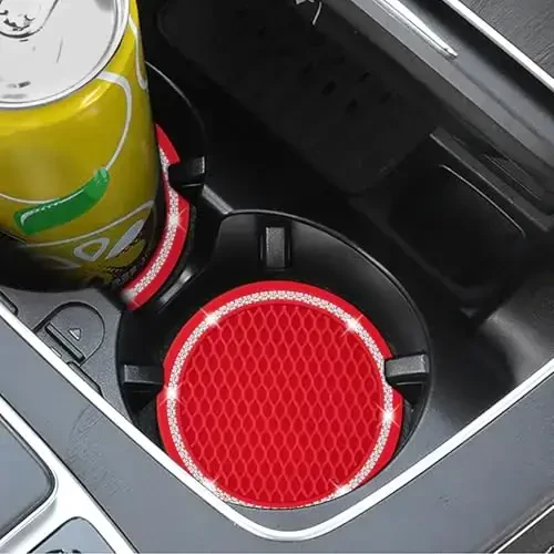 COCASES Car Coasters, 4 Pack Vehicle Bling Car Coaster, Universal Rhinestone Coaster for Cup Holders, Car Interior Accessories Silicone Car Coasters for Women(2.75'' Red, White Crystal Circle) - 3