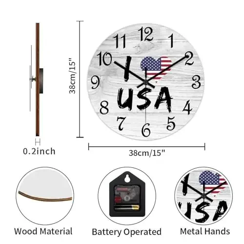 COCOKEN United States Wooden Wall Clock United States National Flag Hanging Wall Clock Battery Operated Non-Ticking Sweep 15 Inch Rustic Chic Farmhouse Wall Clock for Wall Laundry - 3
