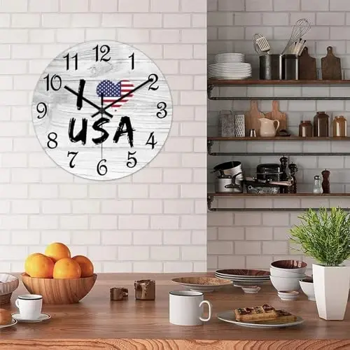 COCOKEN United States Wooden Wall Clock United States National Flag Hanging Wall Clock Battery Operated Non-Ticking Sweep 15 Inch Rustic Chic Farmhouse Wall Clock for Wall Laundry - 5
