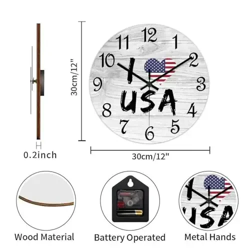 COCOKEN United States Round Wooden Clock for Wall Decor United States National Flag Farmhouse Wall Clock 12 Inch Silent Non-Ticking Wood Clock for Office Classroom Wall Art - 3