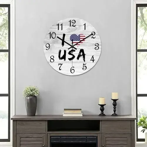 COCOKEN Amerika Qo'shma Shtatlari Devor Soati Yog'och Soat, Amerika Qo'shma Shtatlari Milliy Bayrog'i Dumaloq Yog'och Soat Sovg'alari G'alati Devor Soati Uy Oshxona Mehmonxonasi Ofis uchun 10 X 10 dyuym - 6