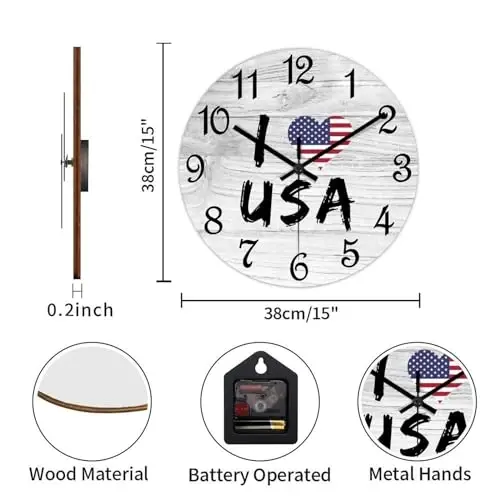 COCOKEN United States Wooden Wall Clock United States National Flag Hanging Wall Clock Battery Operated Non-Ticking Sweep 15 Inch Rustic Chic Farmhouse Wall Clock for Wall Laundry - 3