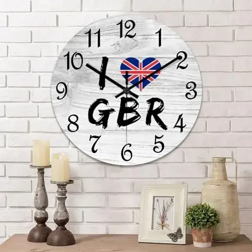 COCOKEN United Kingdom Round Wooden Clock for Wall Decor United Kingdom National Flag Farmhouse Wall Clock 15 Inch Silent Non-Ticking Wood Clock for Office Classroom Wall Art 