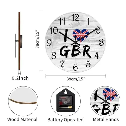 COCOKEN United Kingdom Round Wooden Clock for Wall Decor United Kingdom National Flag Farmhouse Wall Clock 15 Inch Silent Non-Ticking Wood Clock for Office Classroom Wall Art - 3