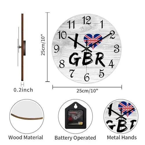 COCOKEN Buyuk Britaniya Dumaloq Yog'och Soat Devor Dekorasi uchun Buyuk Britaniya Milliy Bayroqli Fermer Uyi Devor Soati 10 dyuymli Jim Ishlaydigan Yog'och Soat Ofis Sinf Xonasi Devor San'ati uchun - 3