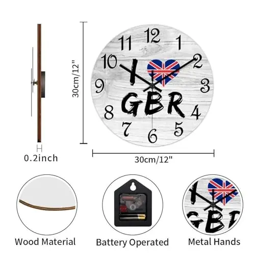 COCOKEN Buyuk Britaniya Yog'och Devor soati Buyuk Britaniya Davlat bayrog'i Osilgan Devor soati Batareya bilan ishlaydigan Tiklanmaydigan Sweep 12 dyuymli Rustik Chic Fermer xo'jaligi Devorga kir yuvish uchun devor soati - 3
