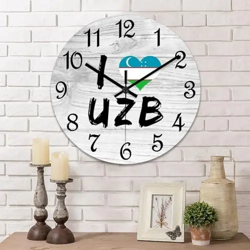 COCOKEN I Love Uzbekistan Round Wooden Clock for Wall Decor Uzbekistan National Flag Farmhouse Wall Clock 12 Inch Silent Non-Ticking Wood Clock for Office Classroom Wall Art - COCOKEN