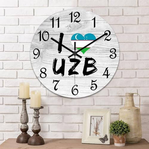 COCOKEN I Love Uzbekistan Wooden Wall Clock Uzbekistan National Flag Quiet Digital Round Wall Clock Wood Clock Stylish Wall Decor Home Decor Clock for Dining Room Farmhouse - 1