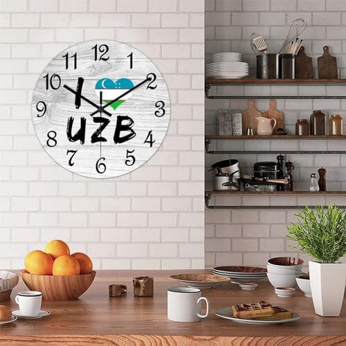 COCOKEN I Love Uzbekistan Wooden Wall Clock Uzbekistan National Flag Quiet Digital Round Wall Clock Wood Clock Stylish Wall Decor Home Decor Clock for Dining Room Farmhouse - 5