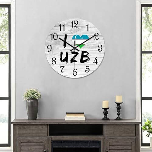 COCOKEN I Love Uzbekistan Wooden Wall Clock Uzbekistan National Flag Quiet Digital Round Wall Clock Wood Clock Stylish Wall Decor Home Decor Clock for Dining Room Farmhouse - 6