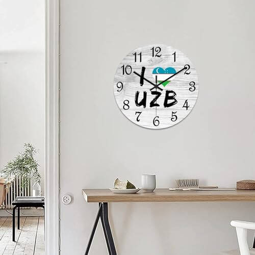 COCOKEN I Love Uzbekistan Wooden Wall Clock Uzbekistan National Flag Quiet Digital Round Wall Clock Wood Clock Stylish Wall Decor Home Decor Clock for Dining Room Farmhouse - 7